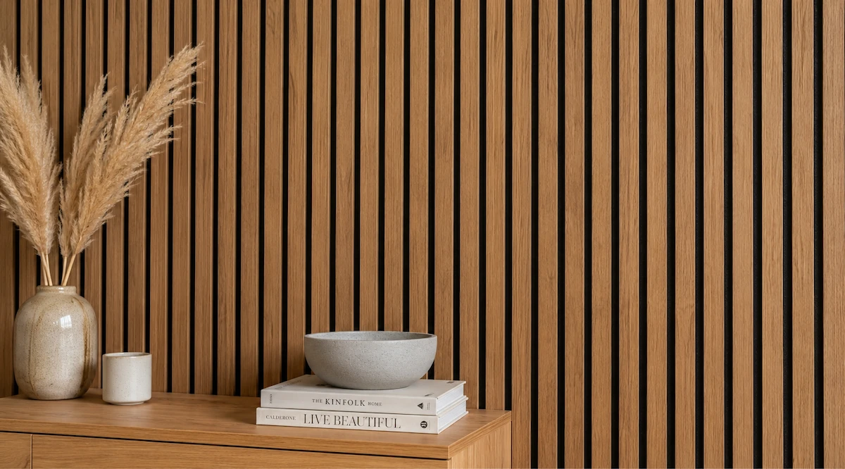 Wall with acoustic panels pecan