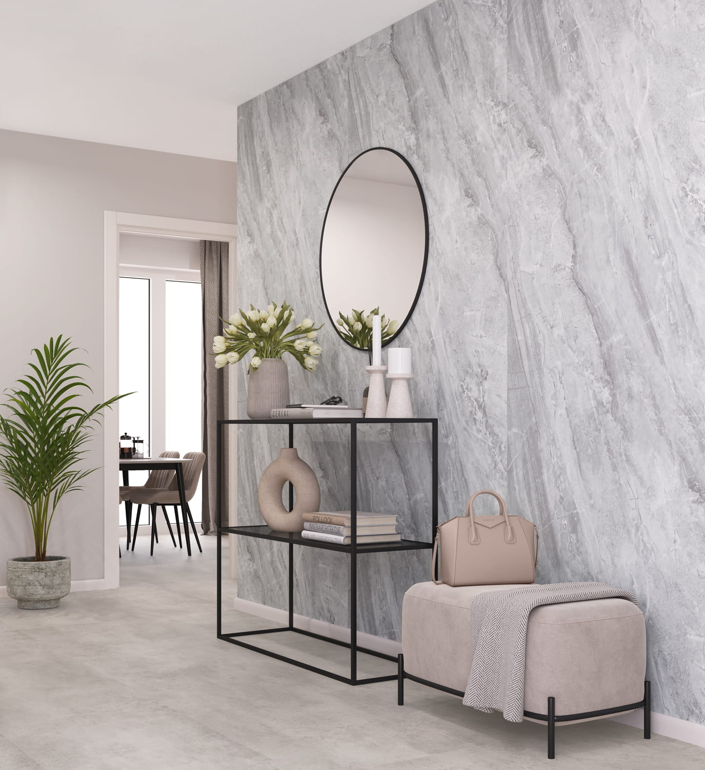 Living room with a wall with acoustic panels