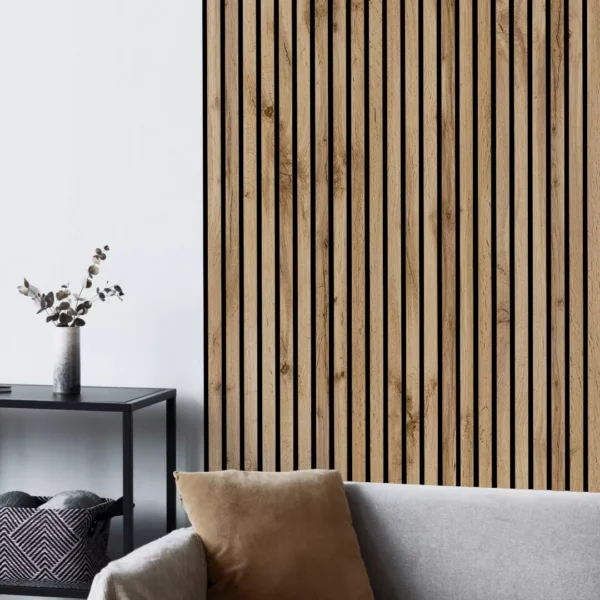 Wall with acoustic panels pecan
