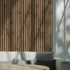 a wall wit pecan panels and sofa