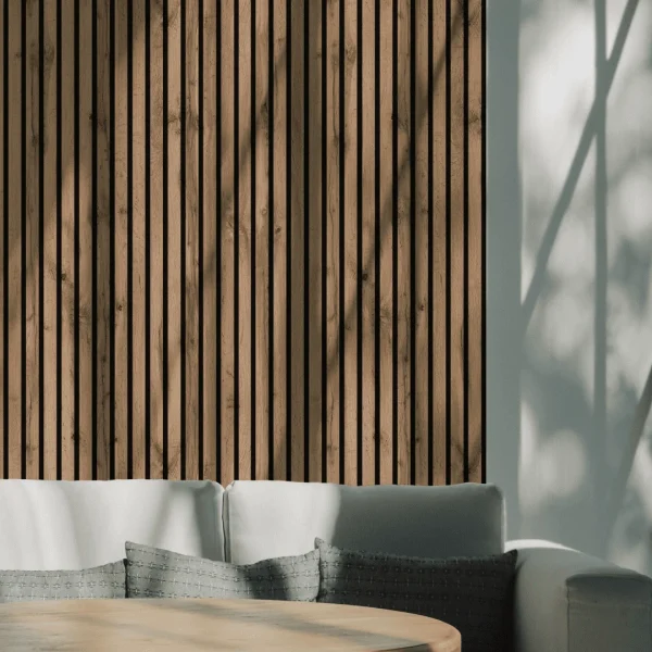 a wall wit pecan panels and sofa