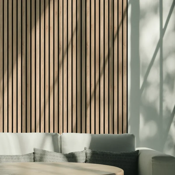 a wall with sonoma oak acoustic panels